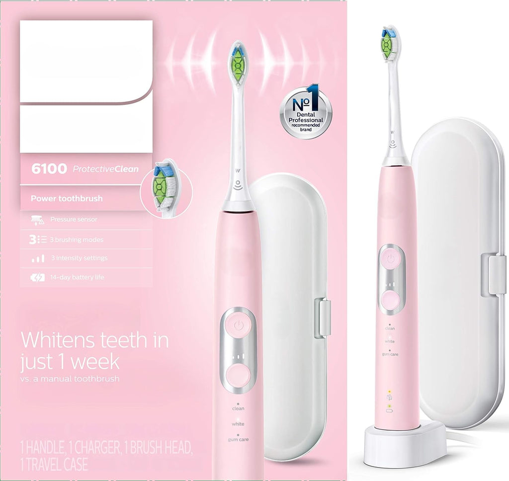 ProtectiveClean 6100 Rechargeable Electric Toothbrush, with Pressure Sensor, 3 Cleaning Modes, SmarTimer and QuadPacer, 14-Day Battery Life, Travel Case