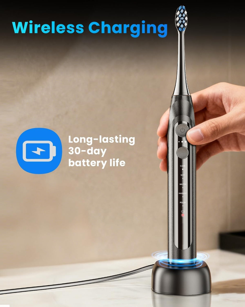 Electric Toothbrush for Adults, Rechargeable Ultrasonic Electric Toothbrush with 8 Brush Heads, Travel Case, Charging Base & Wireless Charging - 5 Modes with Smart Timer