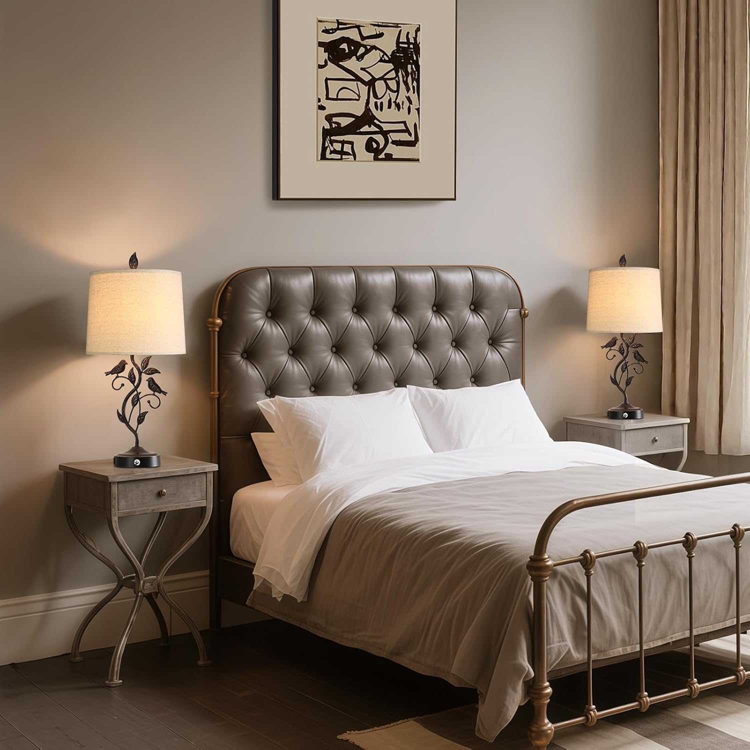 27" Touch Farmhouse Table Lamps for Living Room with 3-Way Dimmable 2 USB Ports, Vintage Rustic Iron Leaf Nightstand Lamp for Bedroom, LED Bulb Included