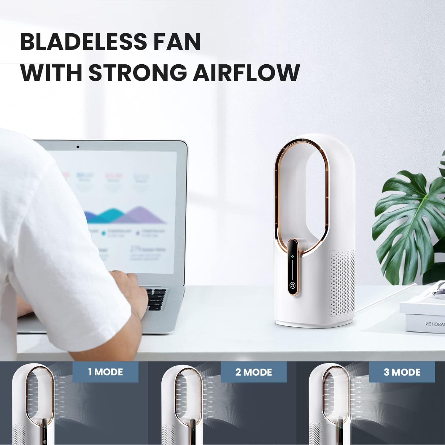 Desk Fan Bladeless, 11.8 Inch Office Fan Small, Quiet, 3 Speed Adjustment, Touch Control, Easy to Clean, Desk Fans Small Quiet, Ideal for Office, Living Room, Bedroom