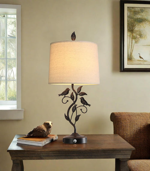 27" Touch Farmhouse Table Lamps for Living Room with 3-Way Dimmable 2 USB Ports, Vintage Rustic Iron Leaf Nightstand Lamp for Bedroom, LED Bulb Included