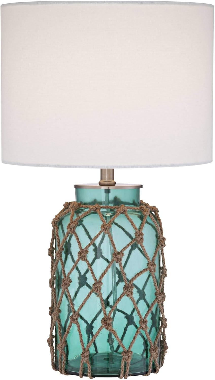 Cottage Natural Accent Table Lamp 22.5" High Coastal Blue Green Glass Rope Net Off White Drum Shade for Living Room Bedroom Beach House Bedside Nightstand Home