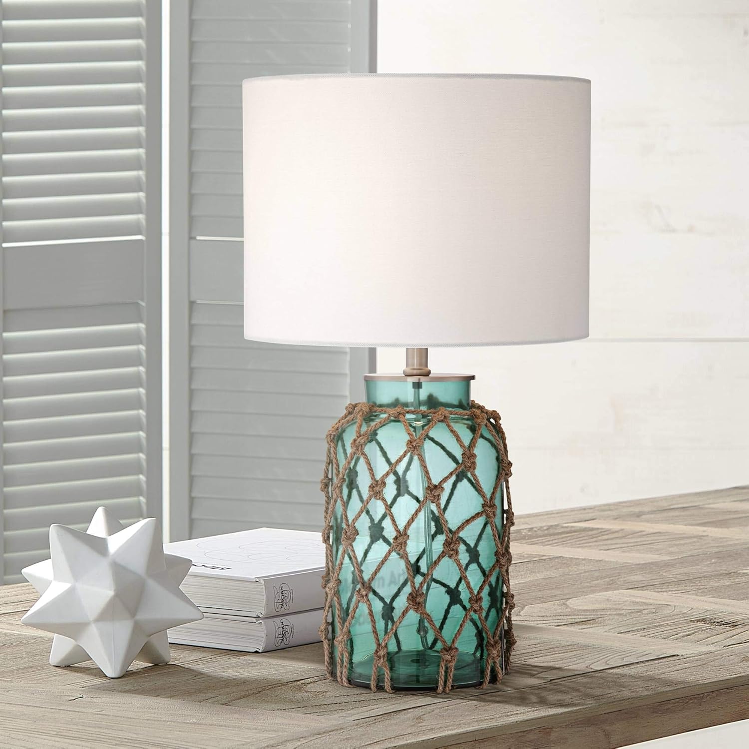 Cottage Natural Accent Table Lamp 22.5" High Coastal Blue Green Glass Rope Net Off White Drum Shade for Living Room Bedroom Beach House Bedside Nightstand Home