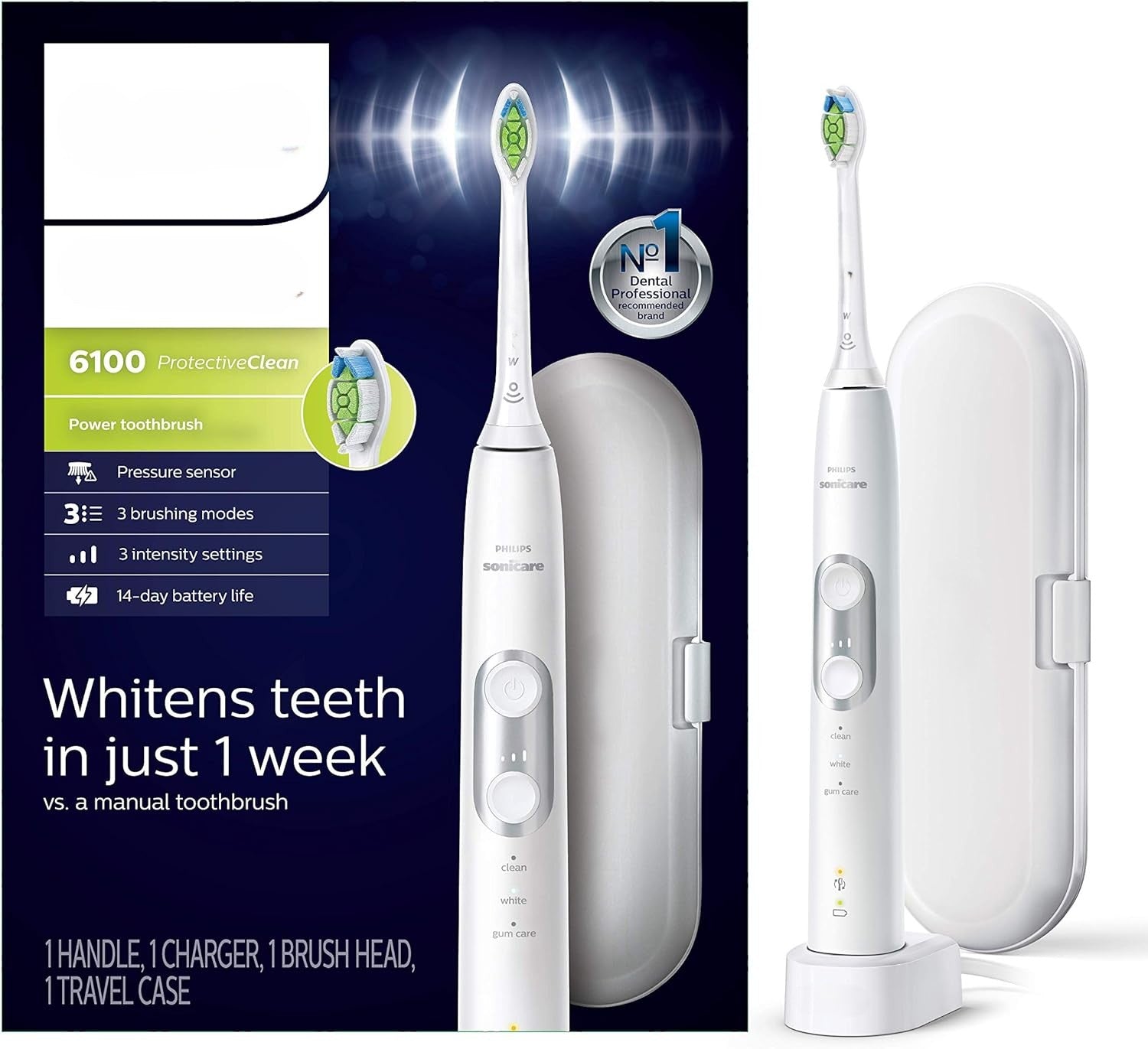 ProtectiveClean 6100 Rechargeable Electric Toothbrush, with Pressure Sensor, 3 Cleaning Modes, SmarTimer and QuadPacer, 14-Day Battery Life, Travel Case